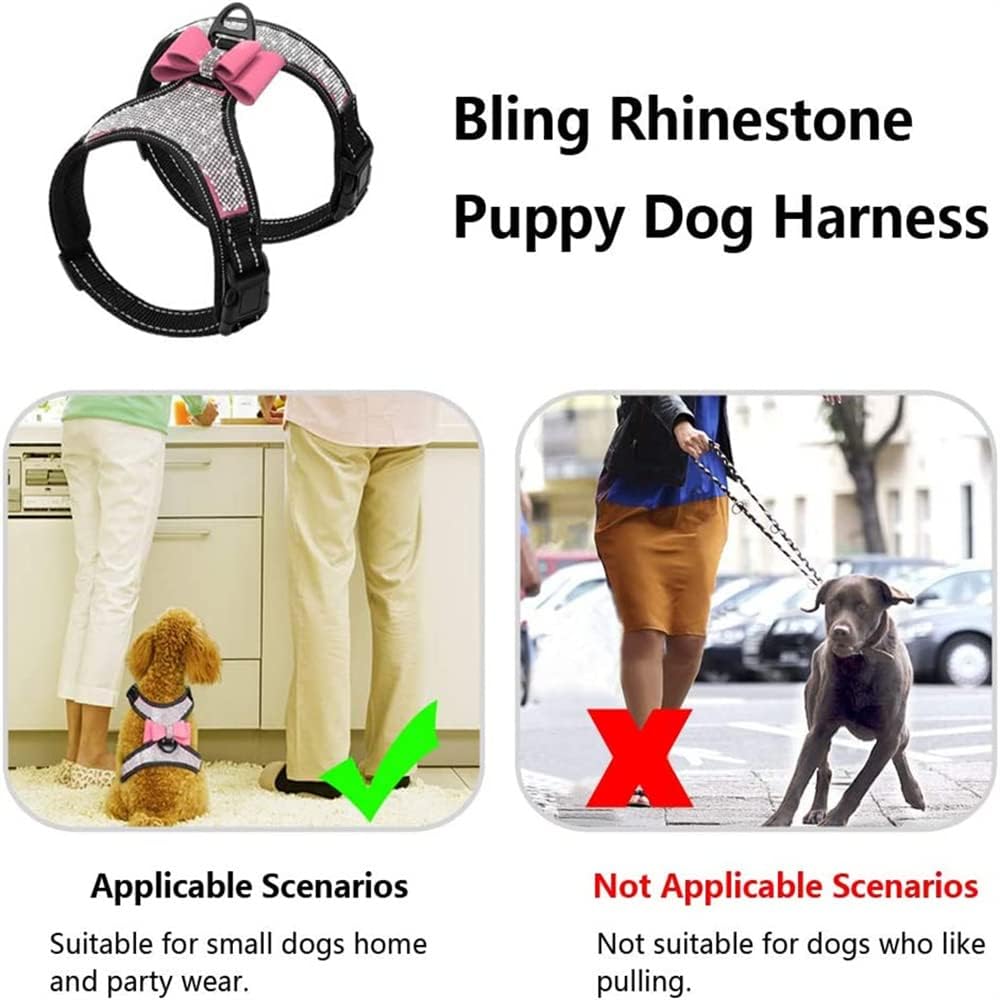 Dog Harness + Leash Sets with Rhinestones – Sparkly Bowknot & Reflective Trim