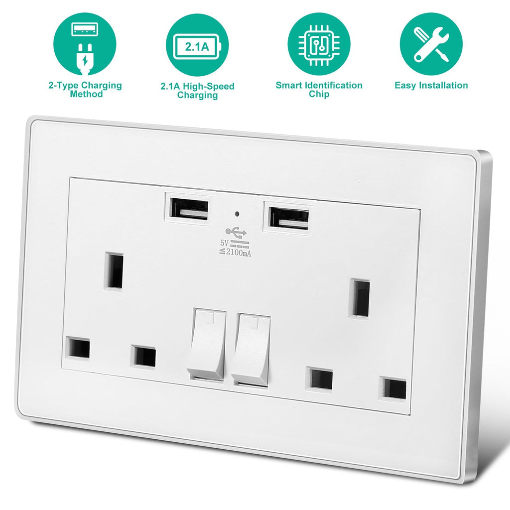 UK Wall Outlet Dual Wall Plug Socket Duplex 2.1A USB Wall Charger with Plug Switch Light Indicator