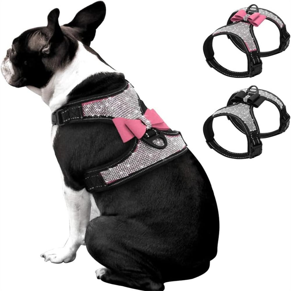 Dog Harness + Leash Sets with Rhinestones – Sparkly Bowknot & Reflective Trim