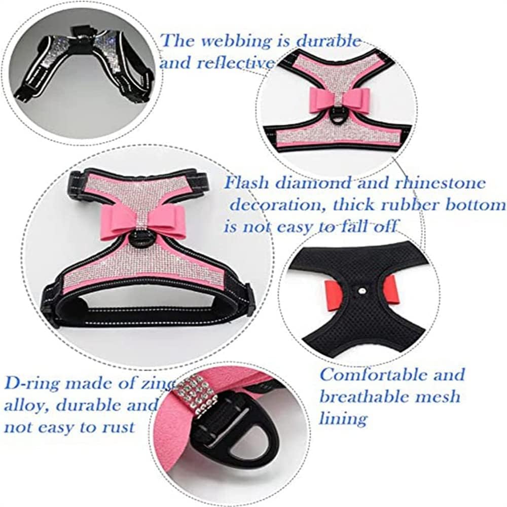 Dog Harness + Leash Sets with Rhinestones – Sparkly Bowknot & Reflective Trim