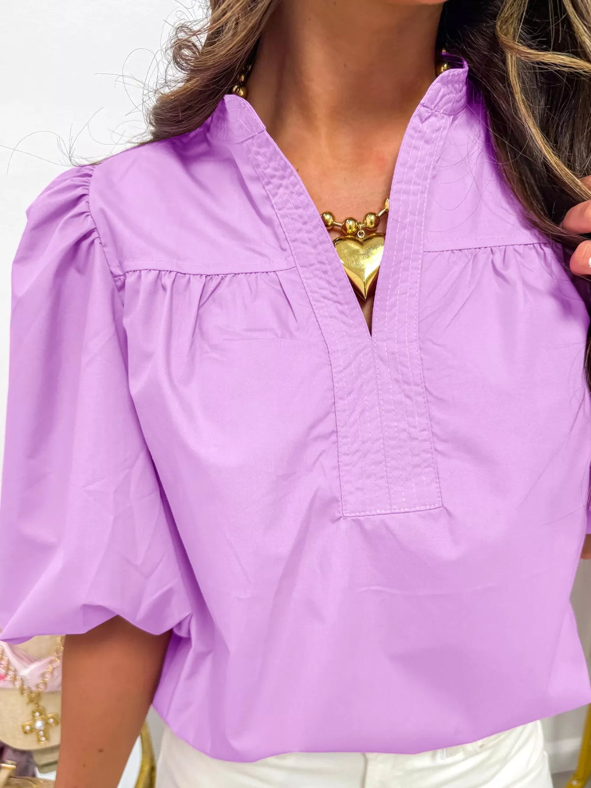 Notched Puff Sleeve Blouse