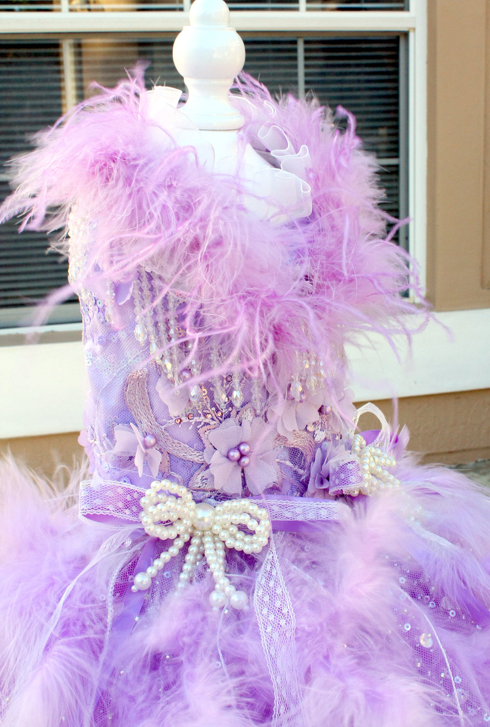 Luxury Lavender Feather Dog Wedding Gown with Crystal Details