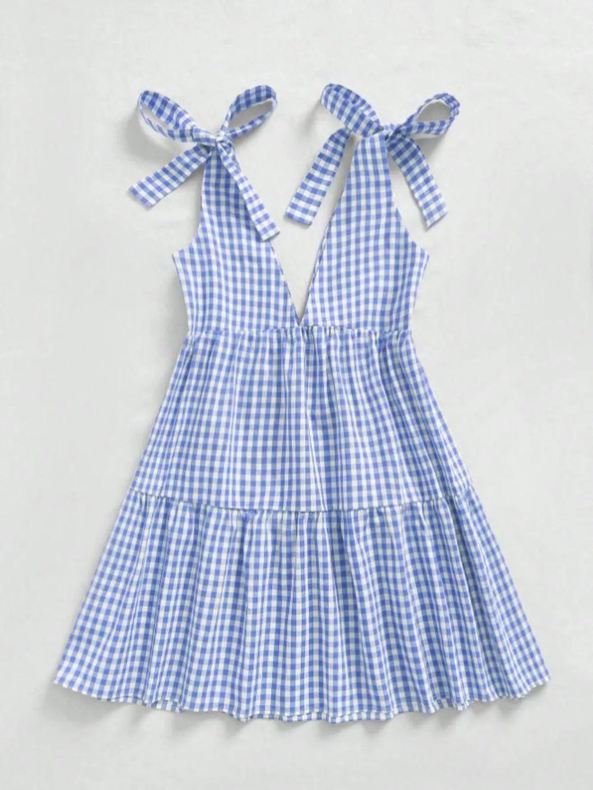 Gingham Tie-Shoulder Ruffle Hem Mini Dress