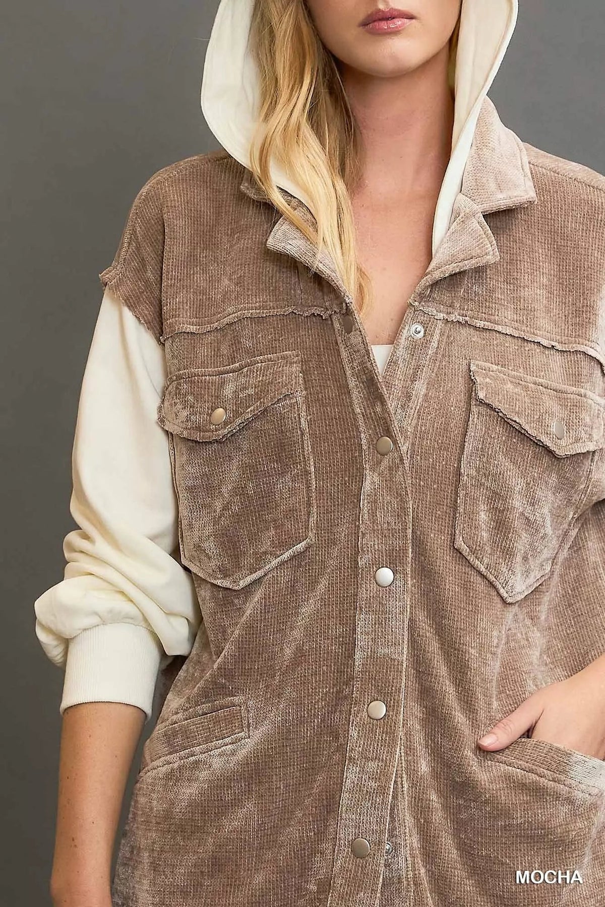 Umgee Contrast Hooded Chenille Jacket