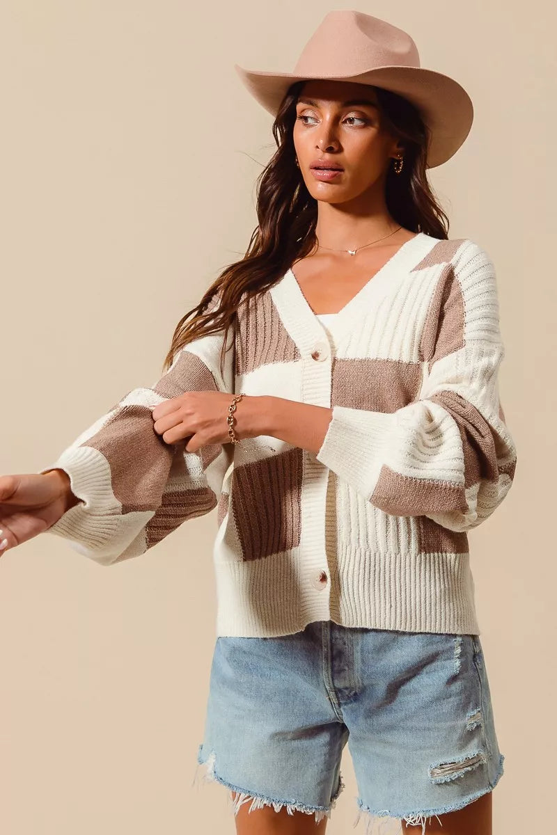 SO ME Checkered Button Front Ribbed Sweater Cardigan