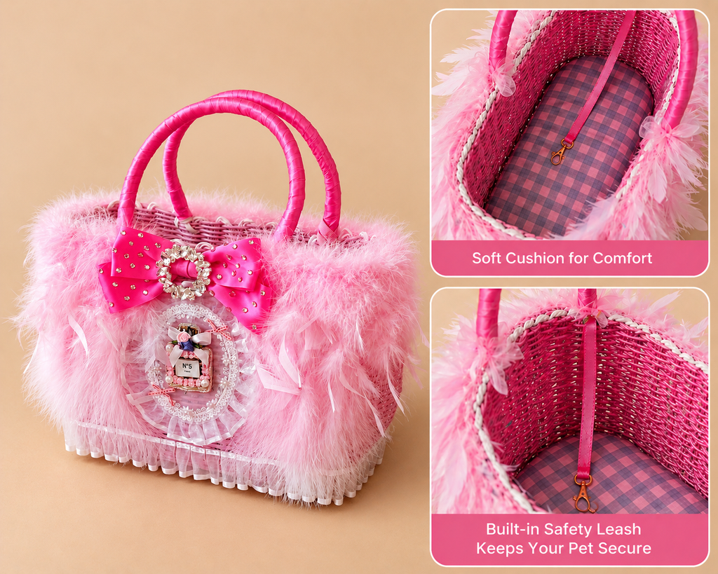 Pink Feather Wicker Pet Carrier Basket