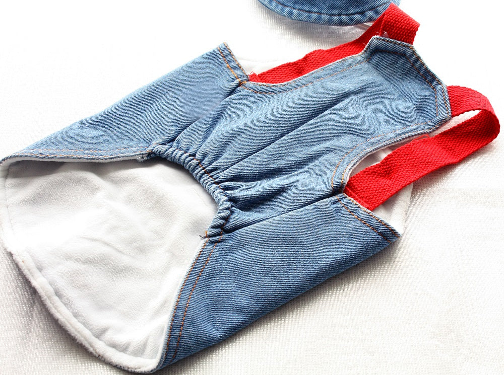Denim Dog Overalls with Matching Hat