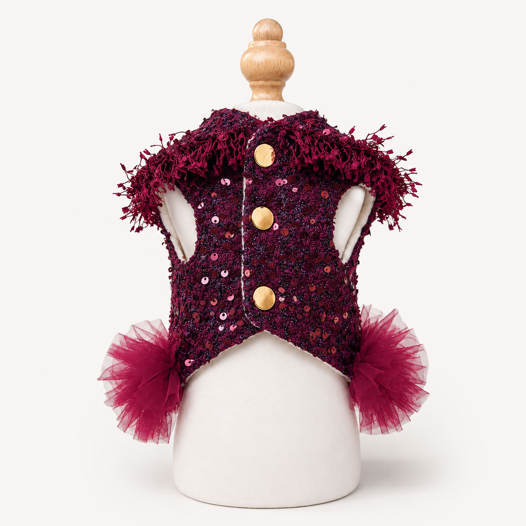 Burgundy Sequin Dog Dress with Tulle Skirt