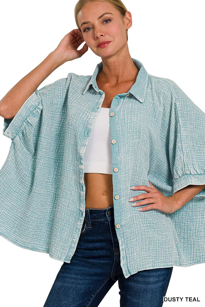Zenana Washed Double Gauze Button Down Half Sleeve Shirt