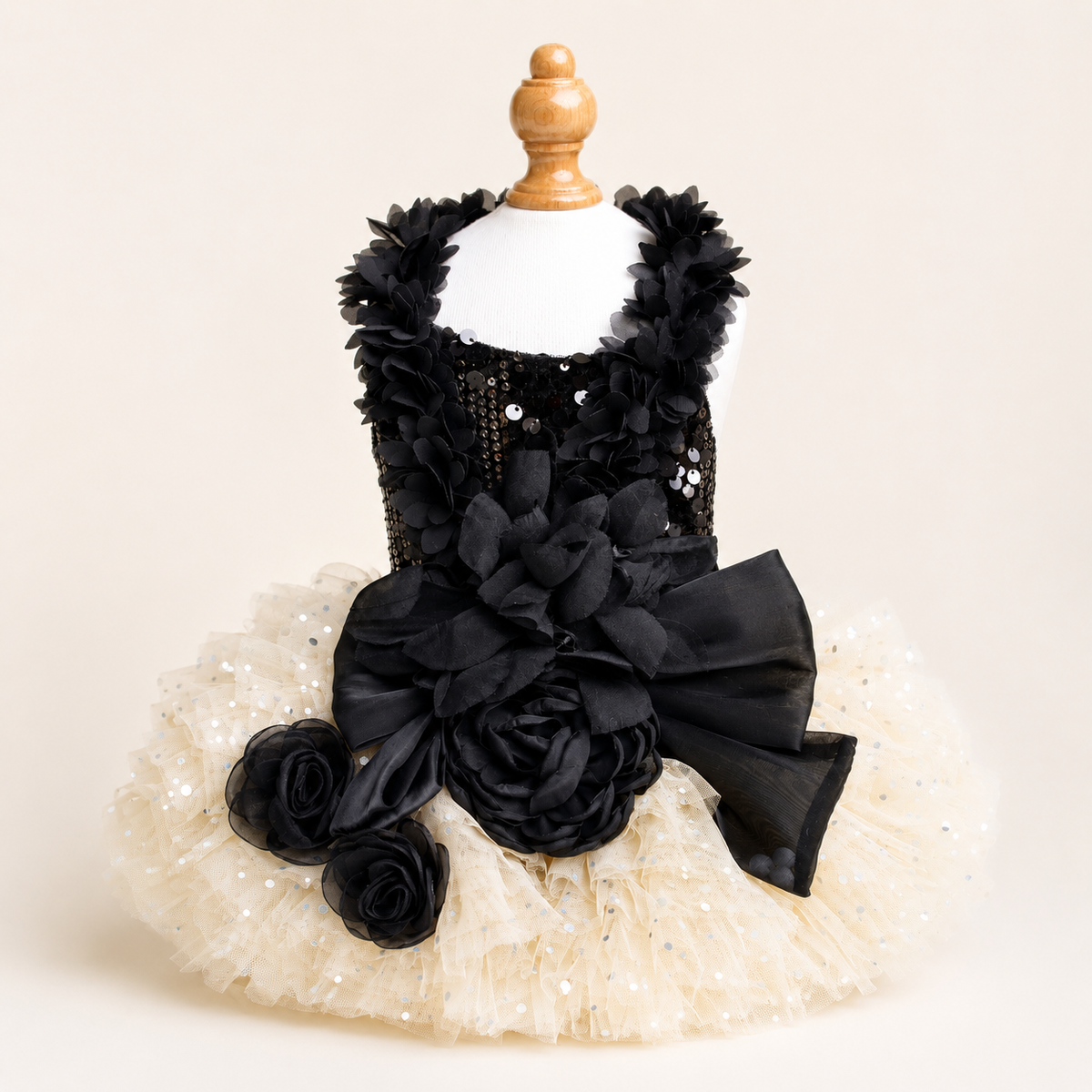 Luxury Black & Champagne Dog Gown with Detachable Train