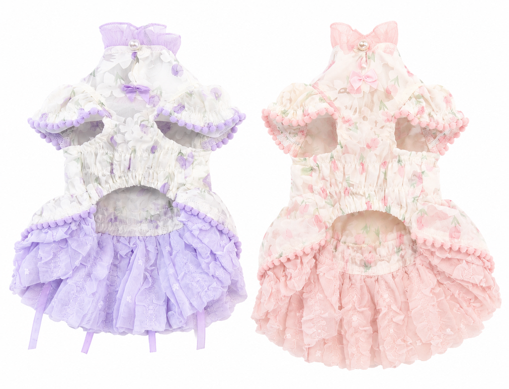 Princess Ruffle Dog Dress | Floral Puppy Party Dress with Pearl Bows