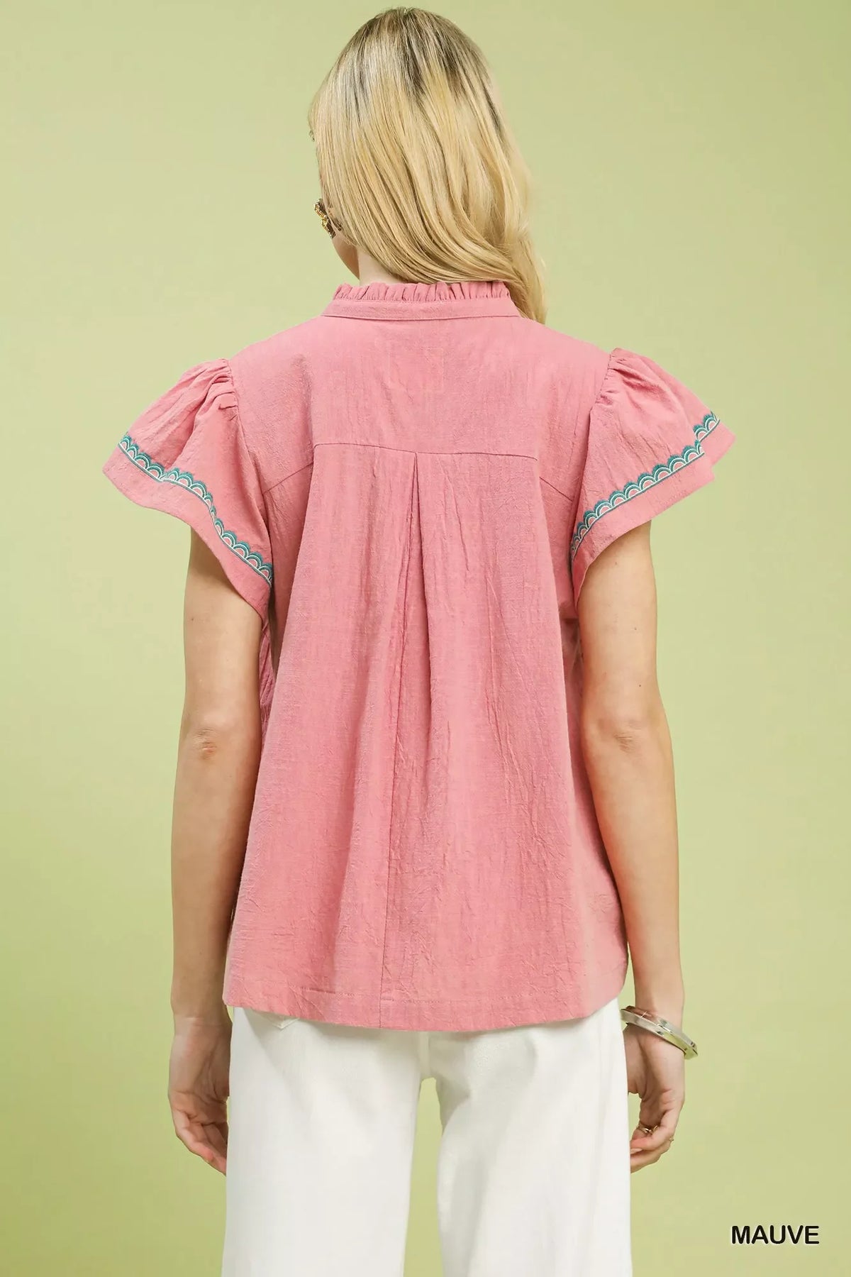 Umgee Embroidered Flutter Sleeve Blouse