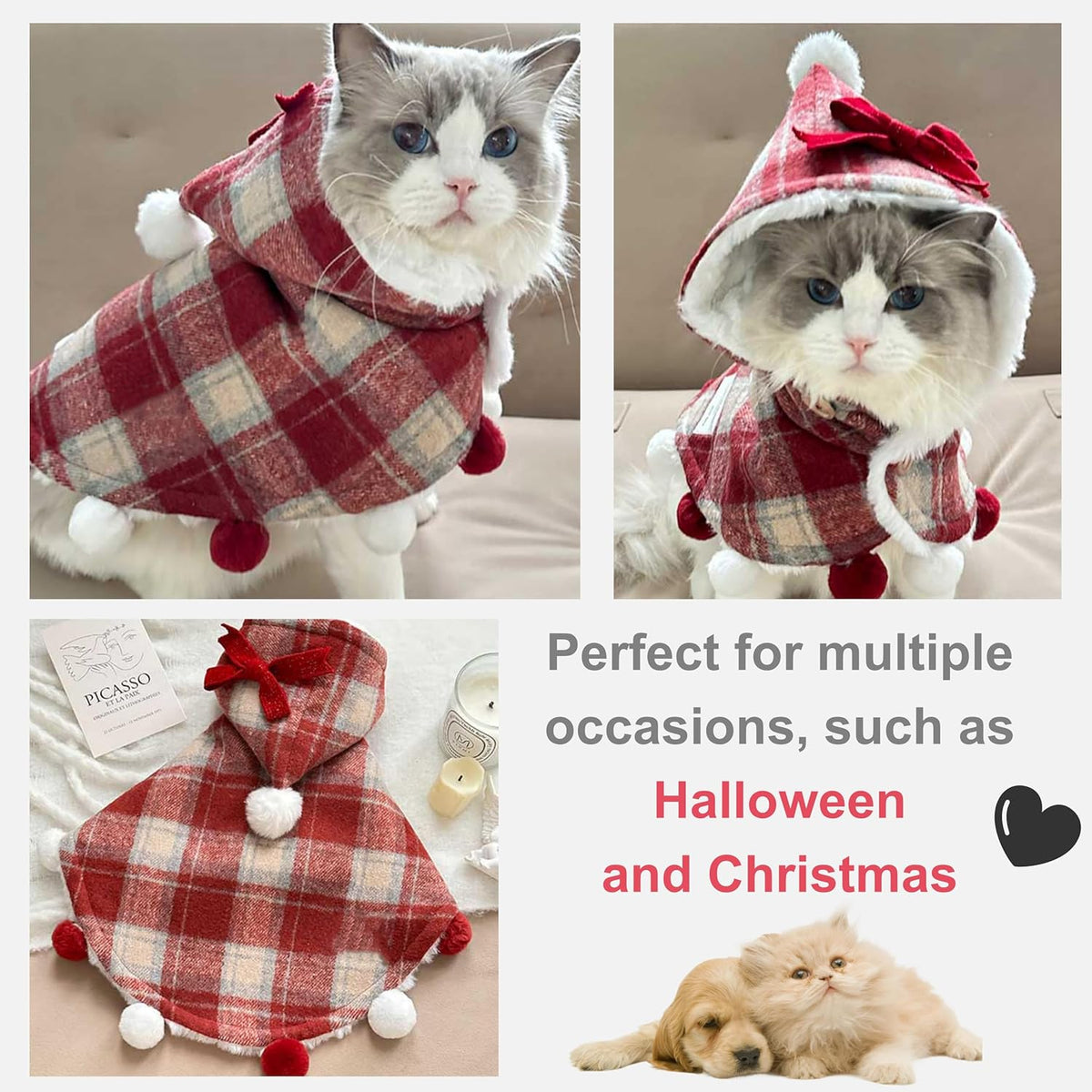 Plaid Pet Hooded Cape with Fuzzy Lining & Pom-Poms
