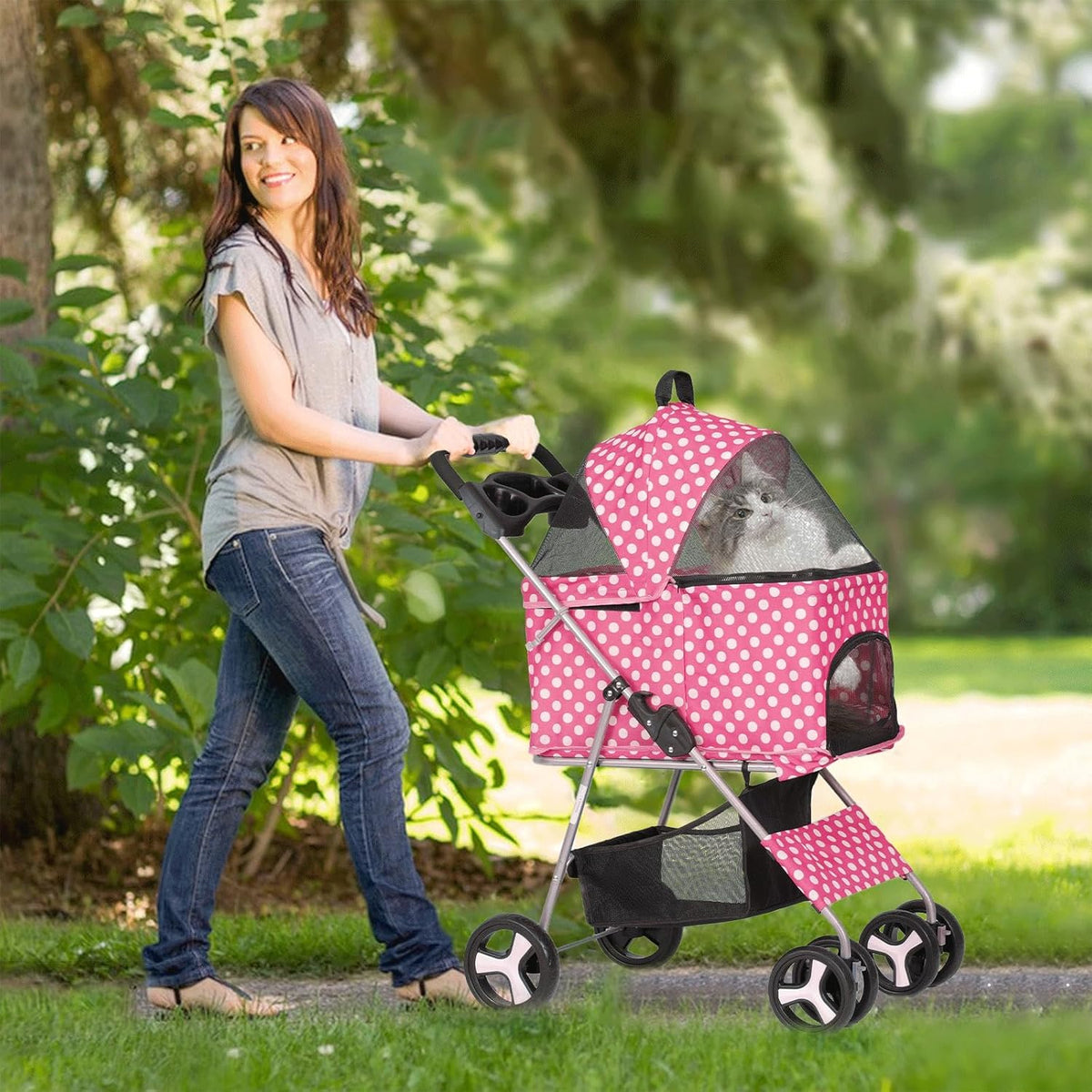 Foldable Pet Stroller with Storage Basket