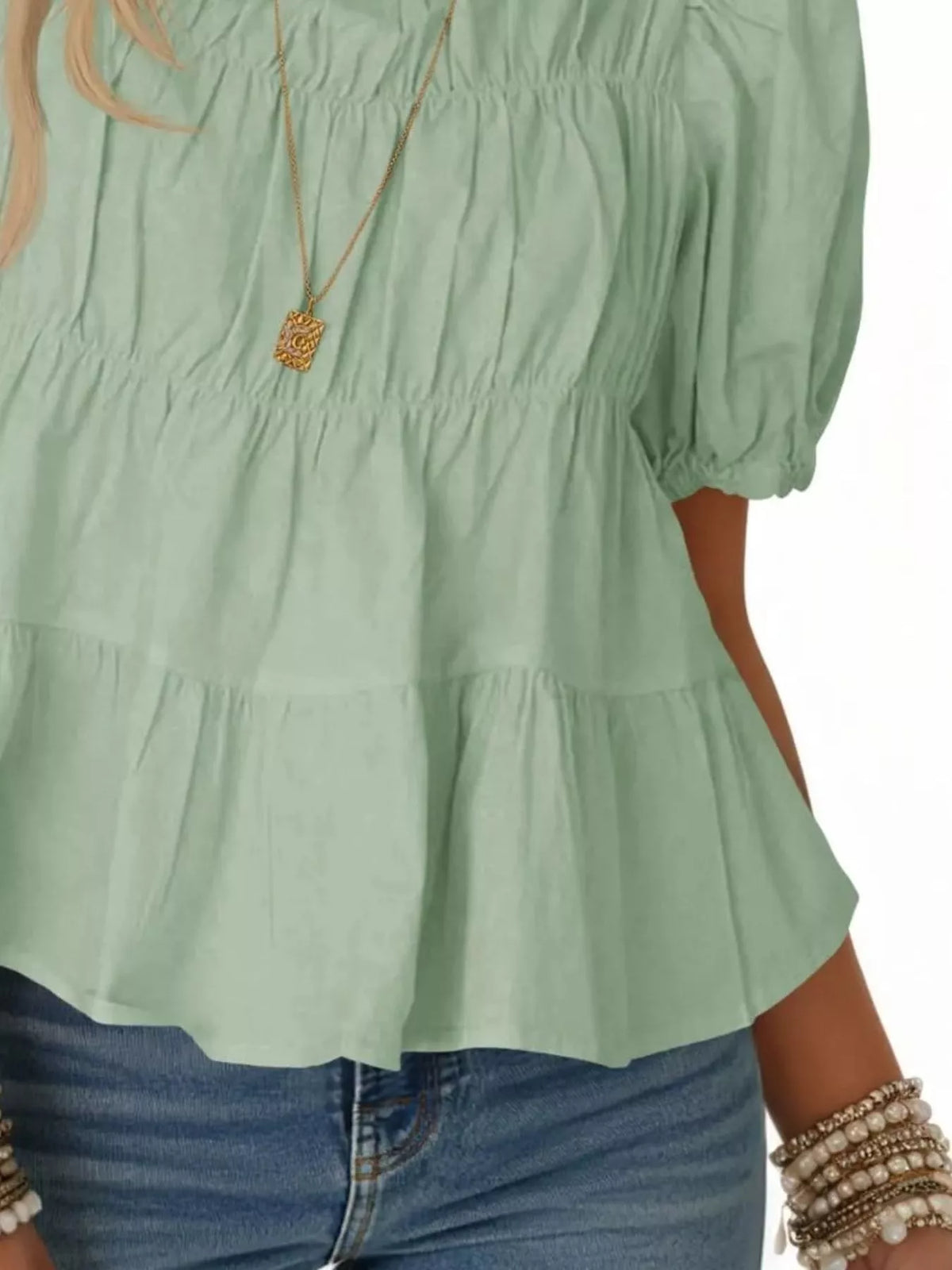 Ruched Tiered Puff Sleeve Blouse