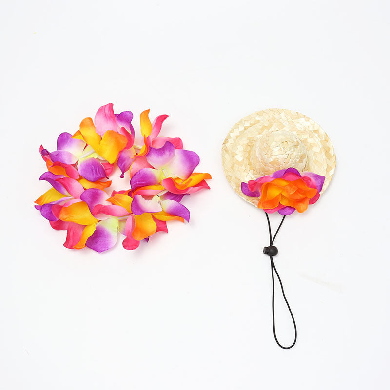 Pet Straw Hat and Flower Lei Set