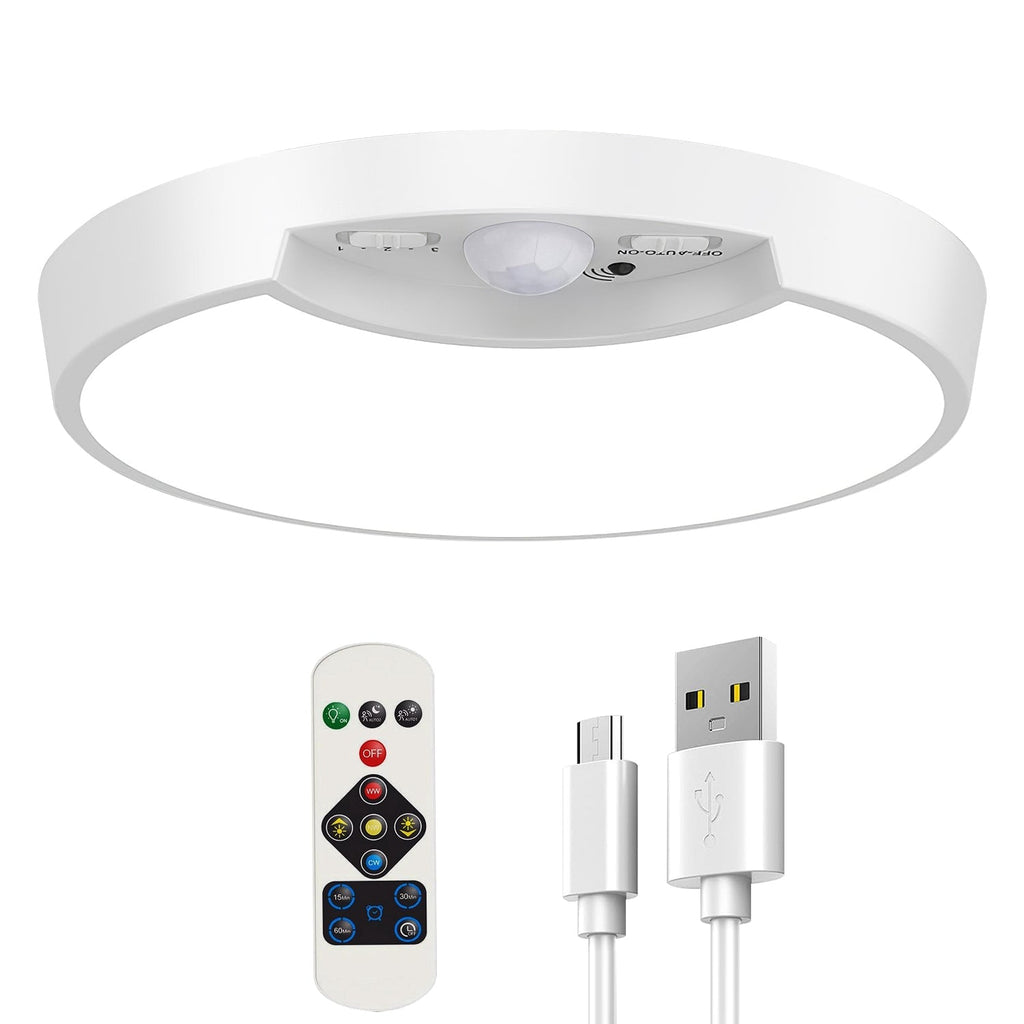 Rechargeable Motion Sensor Ceiling Light Dimmable LED Ceiling Light with Remote Timer 3 Light Colors 3 Modes for Stairs Garage Bathroom