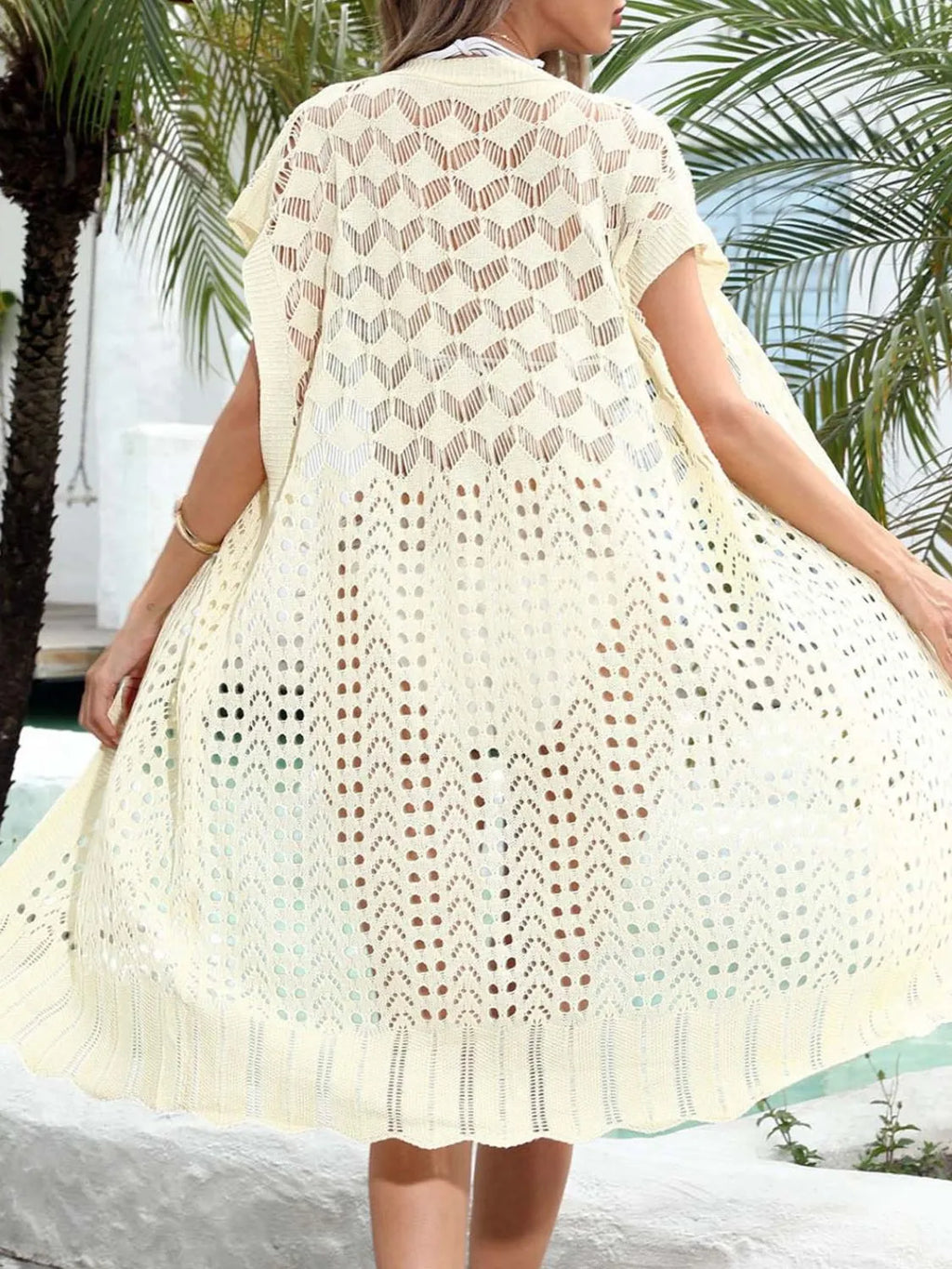 Open Front Short Sleeve Openwork Cover-Up