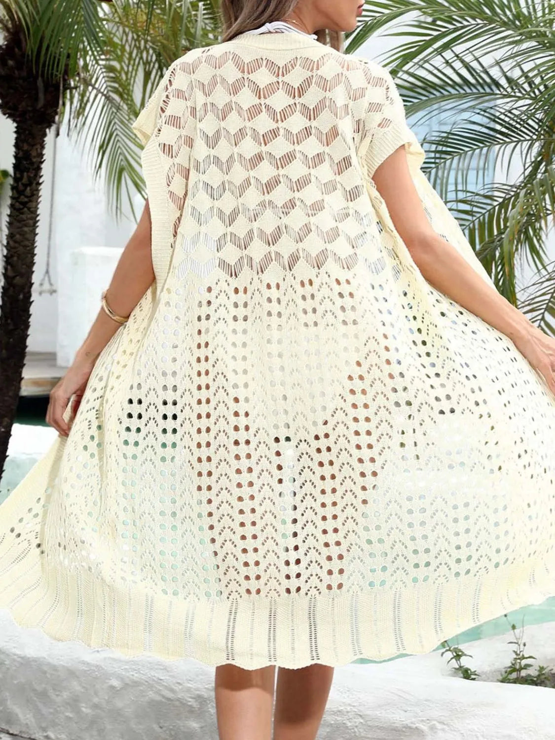 Open Front Short Sleeve Openwork Cover-Up