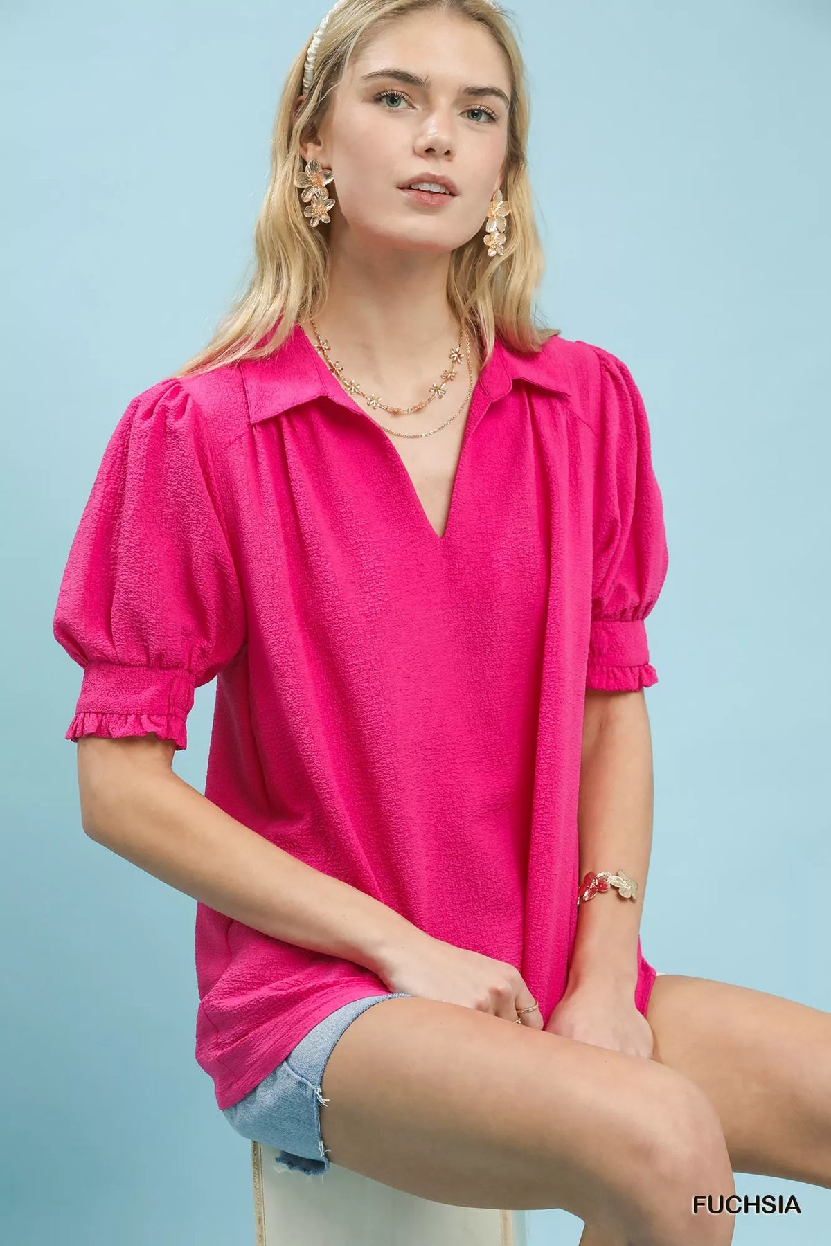Umgee Seersucker Puff Sleeve Blouse