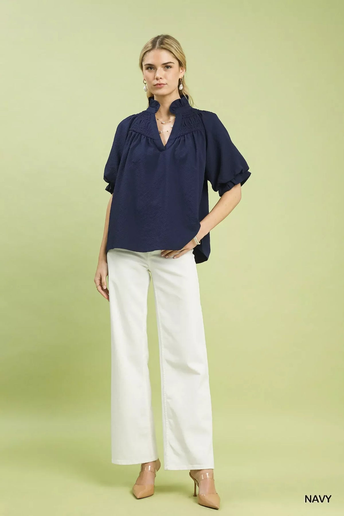 Umgee Textured Smocked Yoke Split-Neck Top