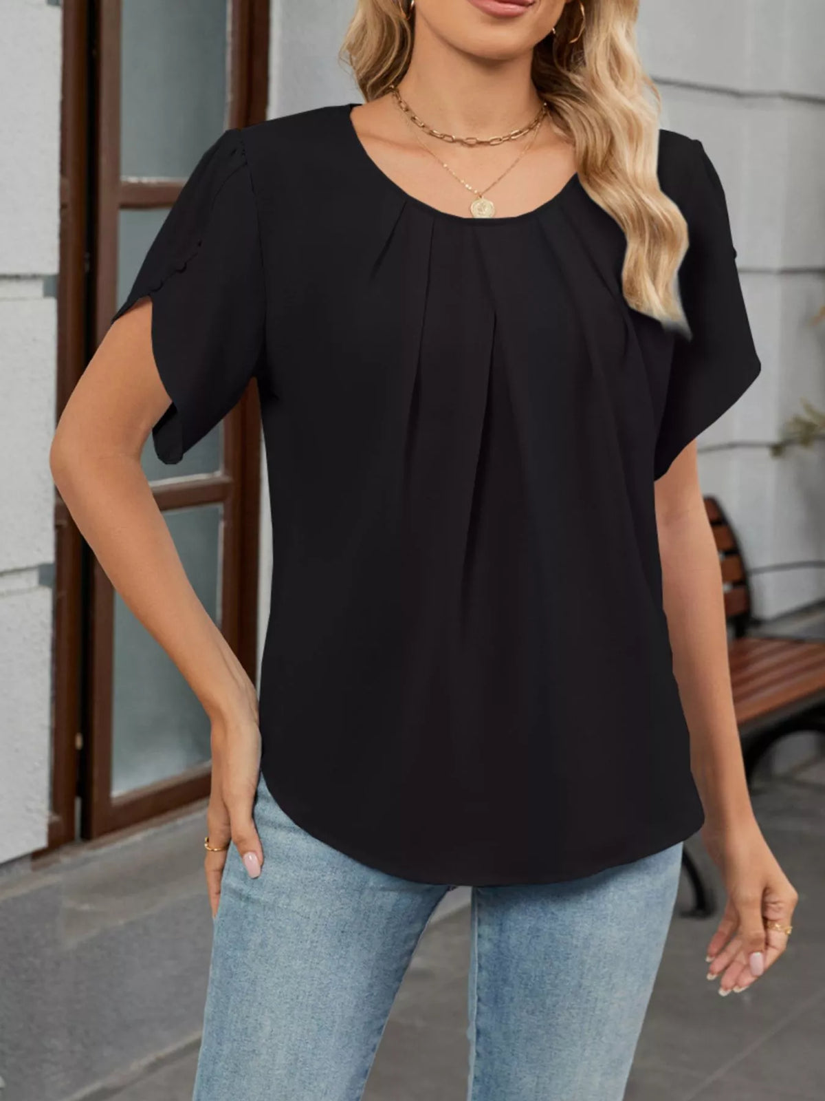 Elegant Pleated Flowy Short Sleeve Blouse