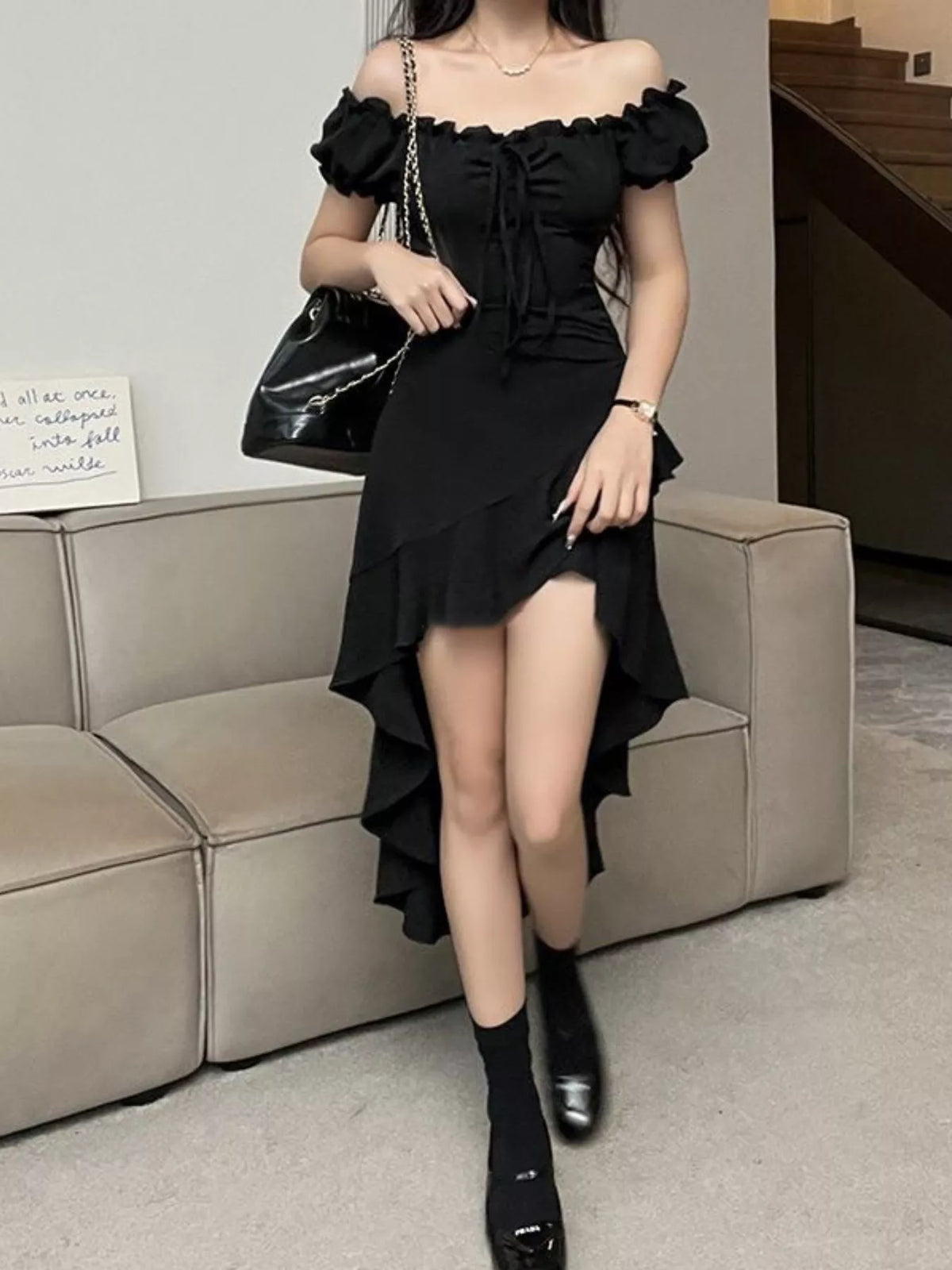 Off-Shoulder Ruffle Hem High-Low Dress
