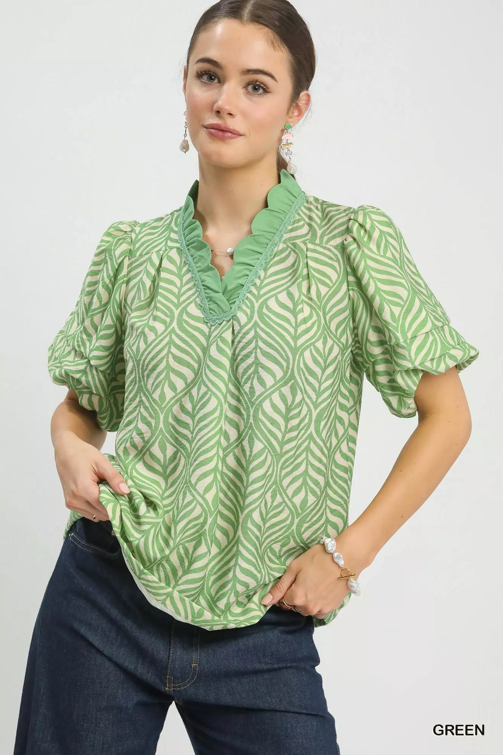 Umgee Printed Puff Sleeve Ruffle Neck Top