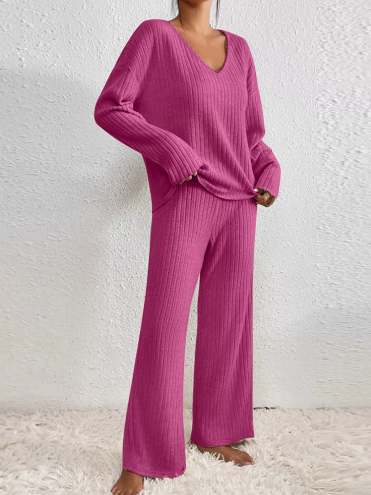 Ribbed Knit V-Neck Top and Pants Set