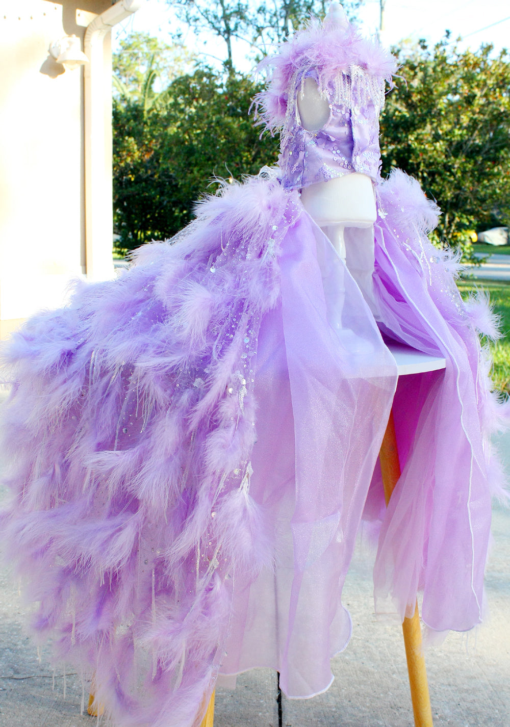 Luxury Lavender Feather Dog Wedding Gown with Crystal Details