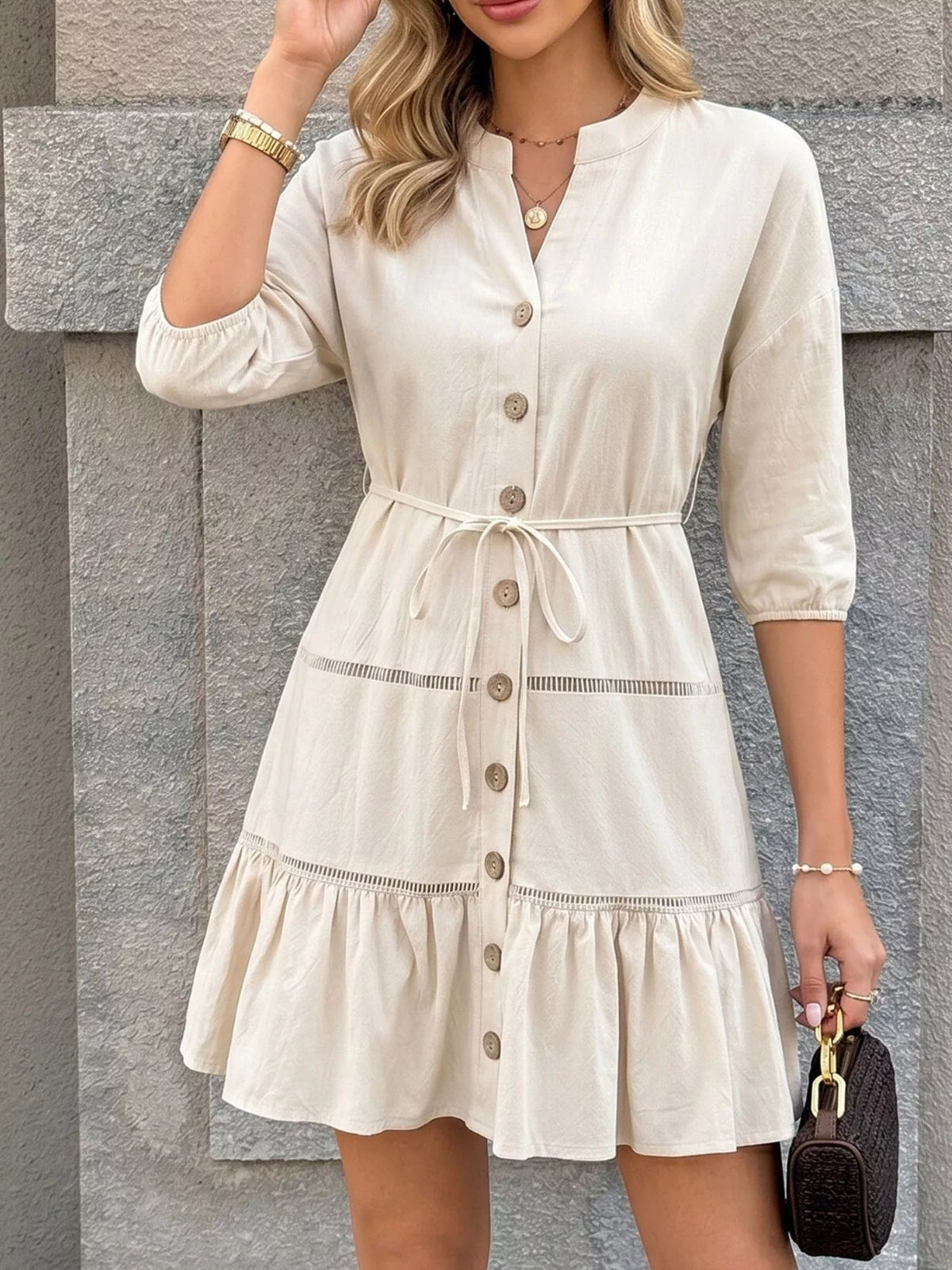 Button-Front Ruffle Hem Mini Dress