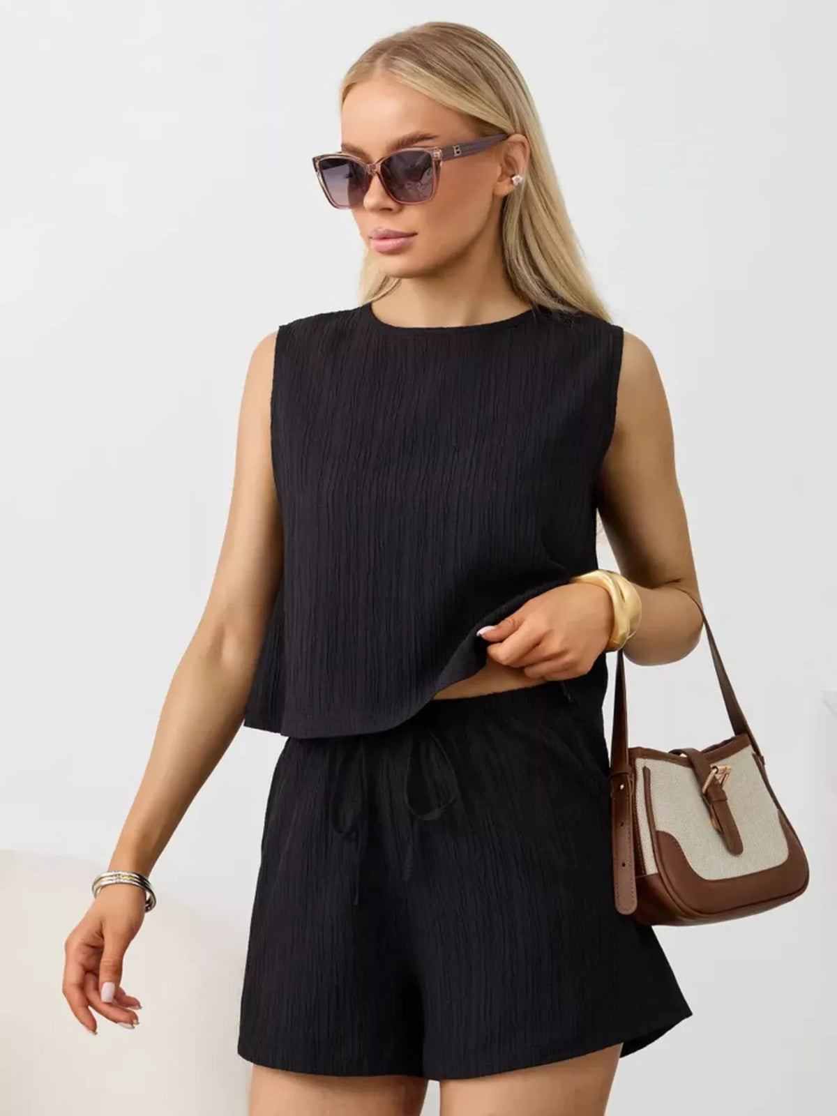 Textured Round Neck Tank and Shorts Set