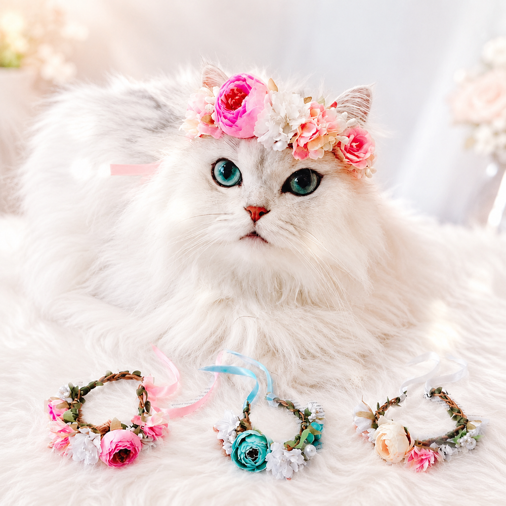 Floral Crown Pet Headpiece with Ribbon Ties