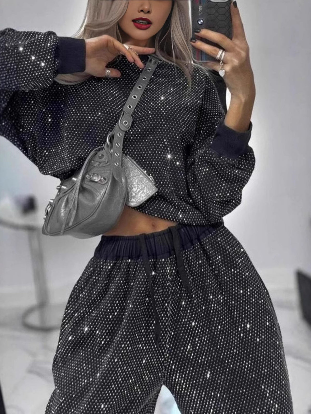 Full Size Sequin Round Neck Top and Pants Set Plus Size