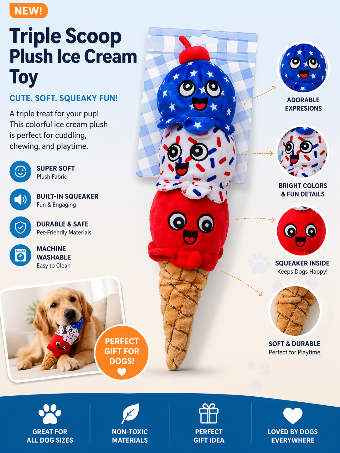 Triple Scoop Ice Cream Plush Dog Toy