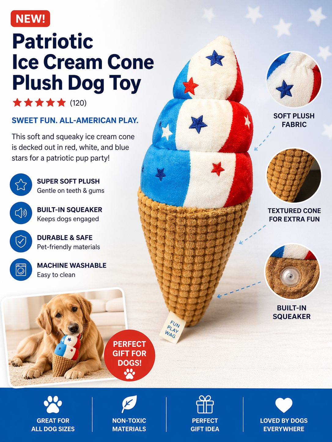 Patriotic Ice Cream Cone Plush Dog Toy