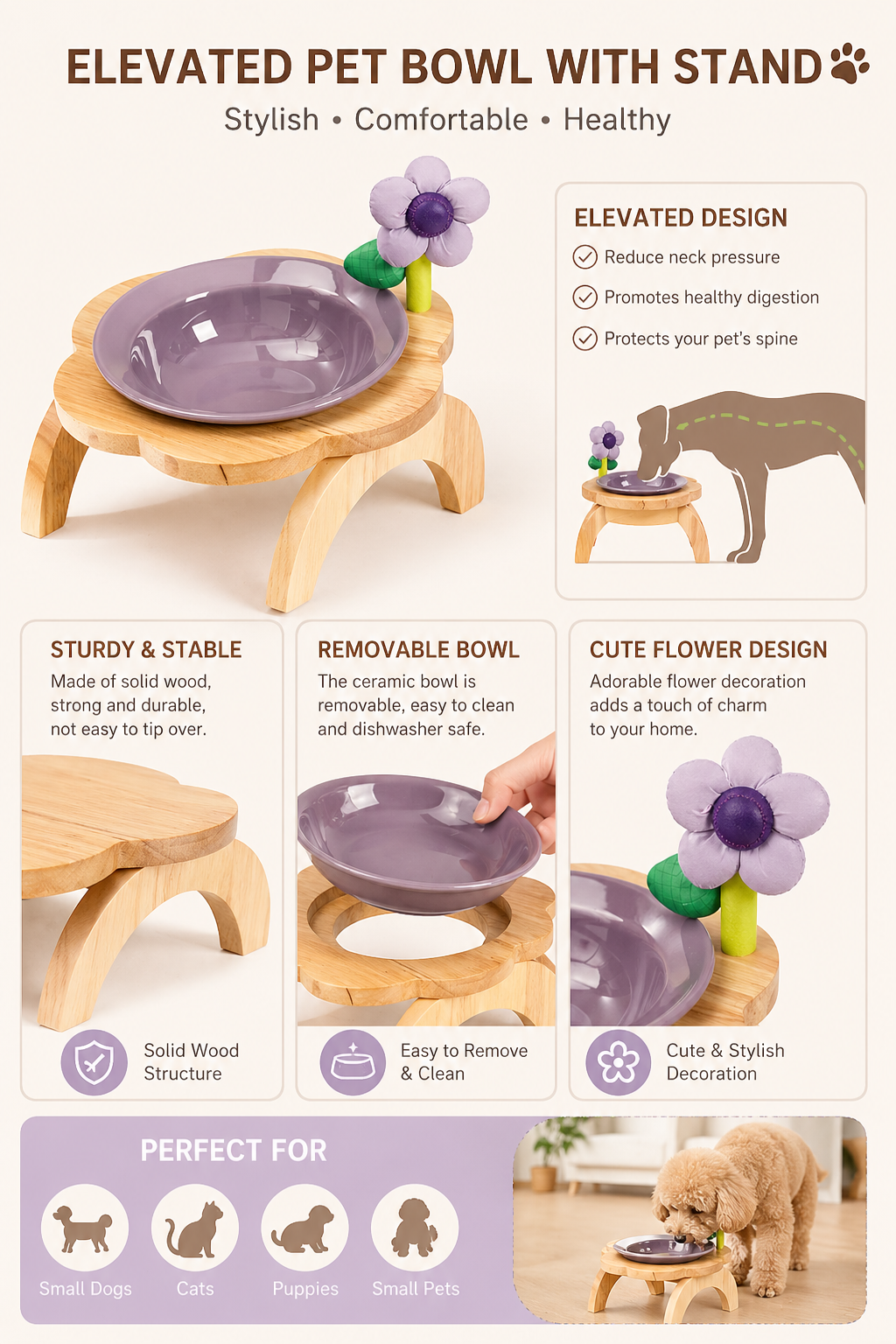 Flower Accent Elevated Ceramic Pet Bowl