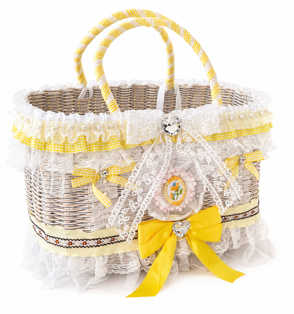 Yellow Lace Wicker Pet Carrier Basket