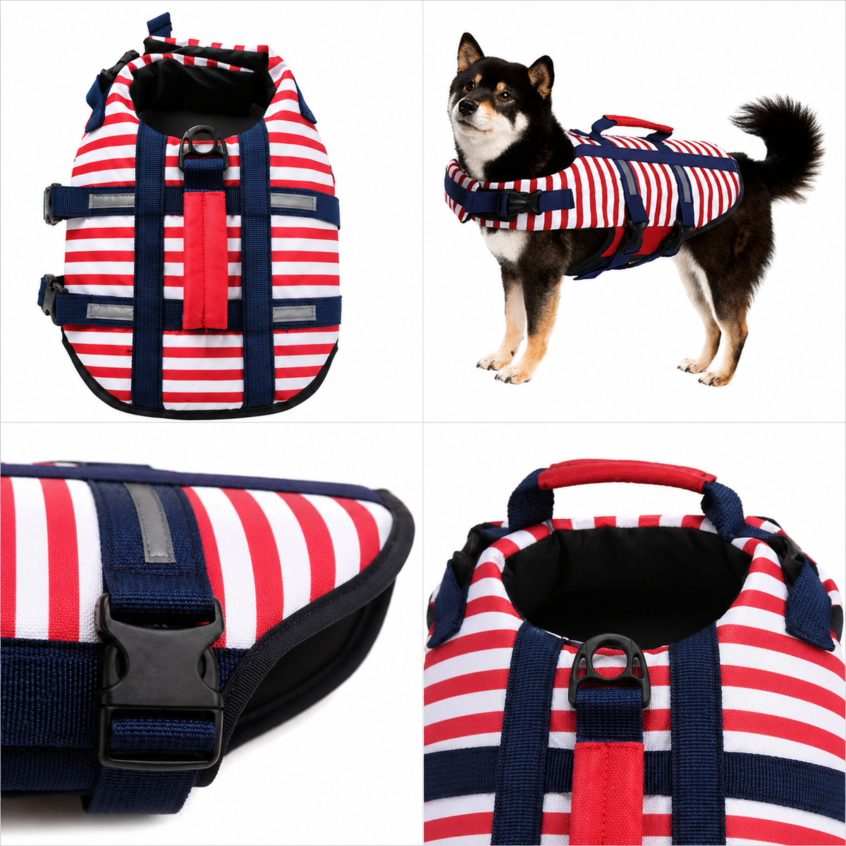 Red White Navy Dog Life Jacket with Handle