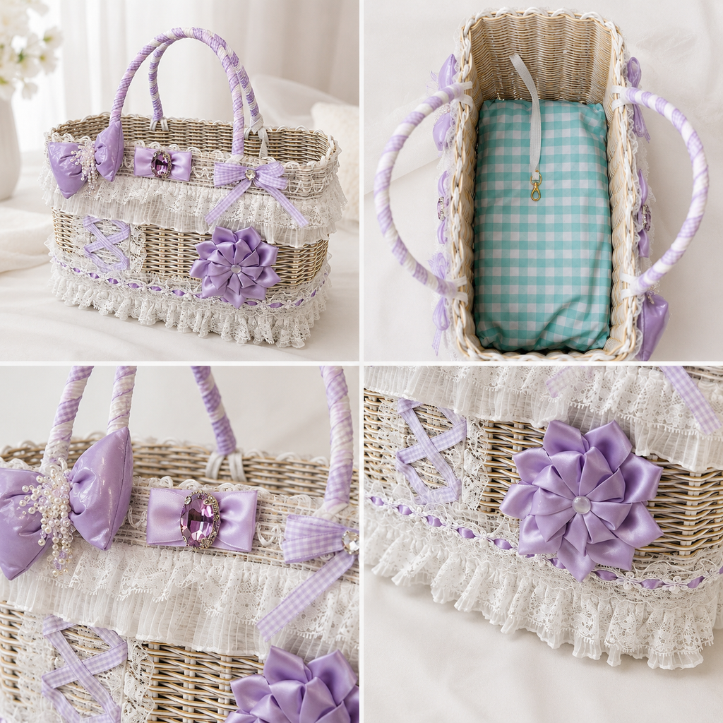 Lavender Lace Wicker Pet Carrier Basket
