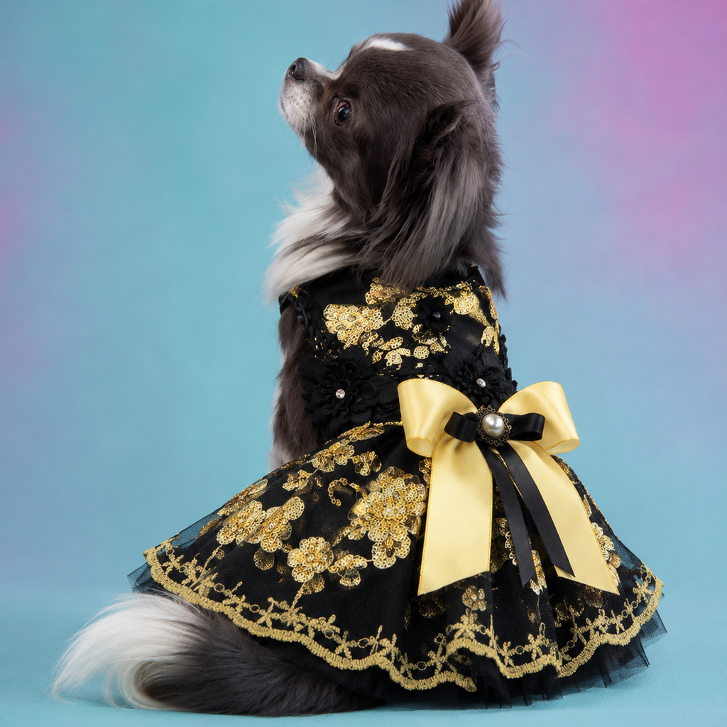 Black and Gold Floral Sequin Tutu Dog Dress