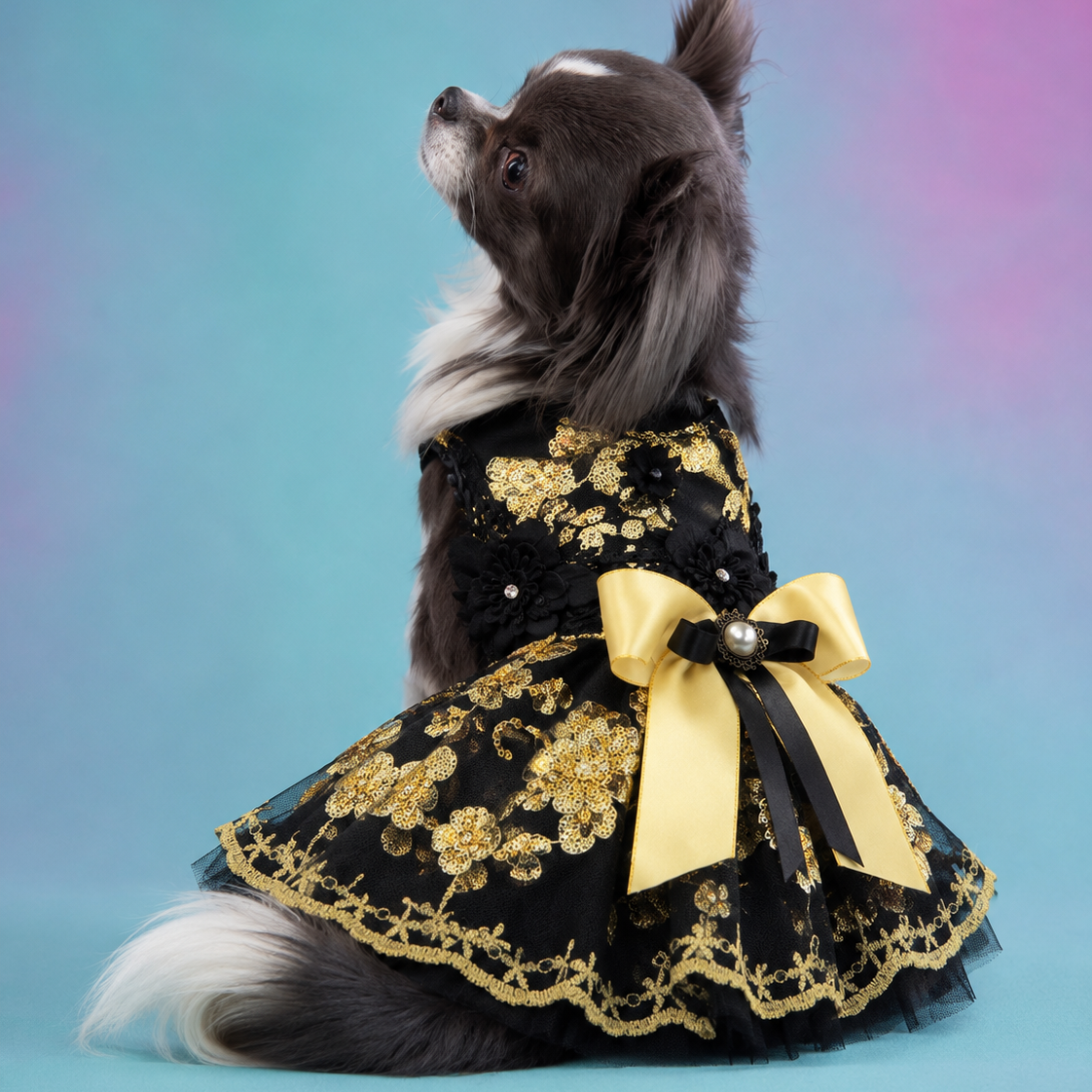 Black and Gold Floral Sequin Tutu Dog Dress