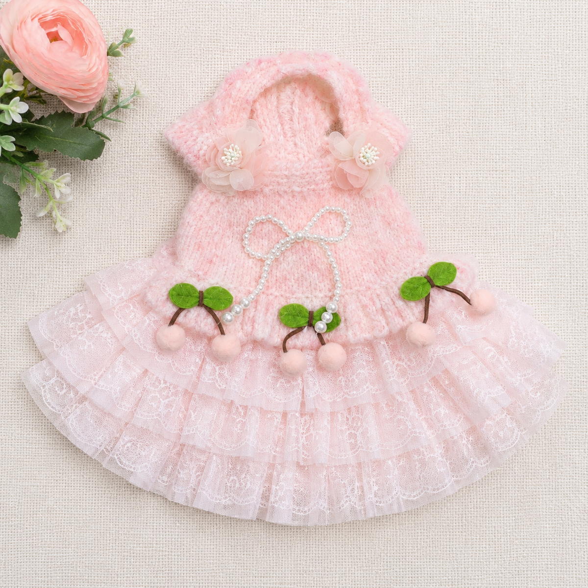 Pink Cherry Knit Dog Sweater Dress