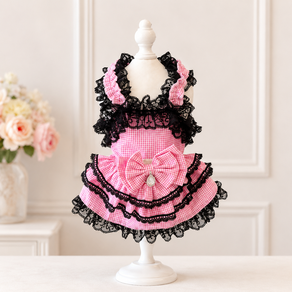Pink Gingham Lace Dog Dress