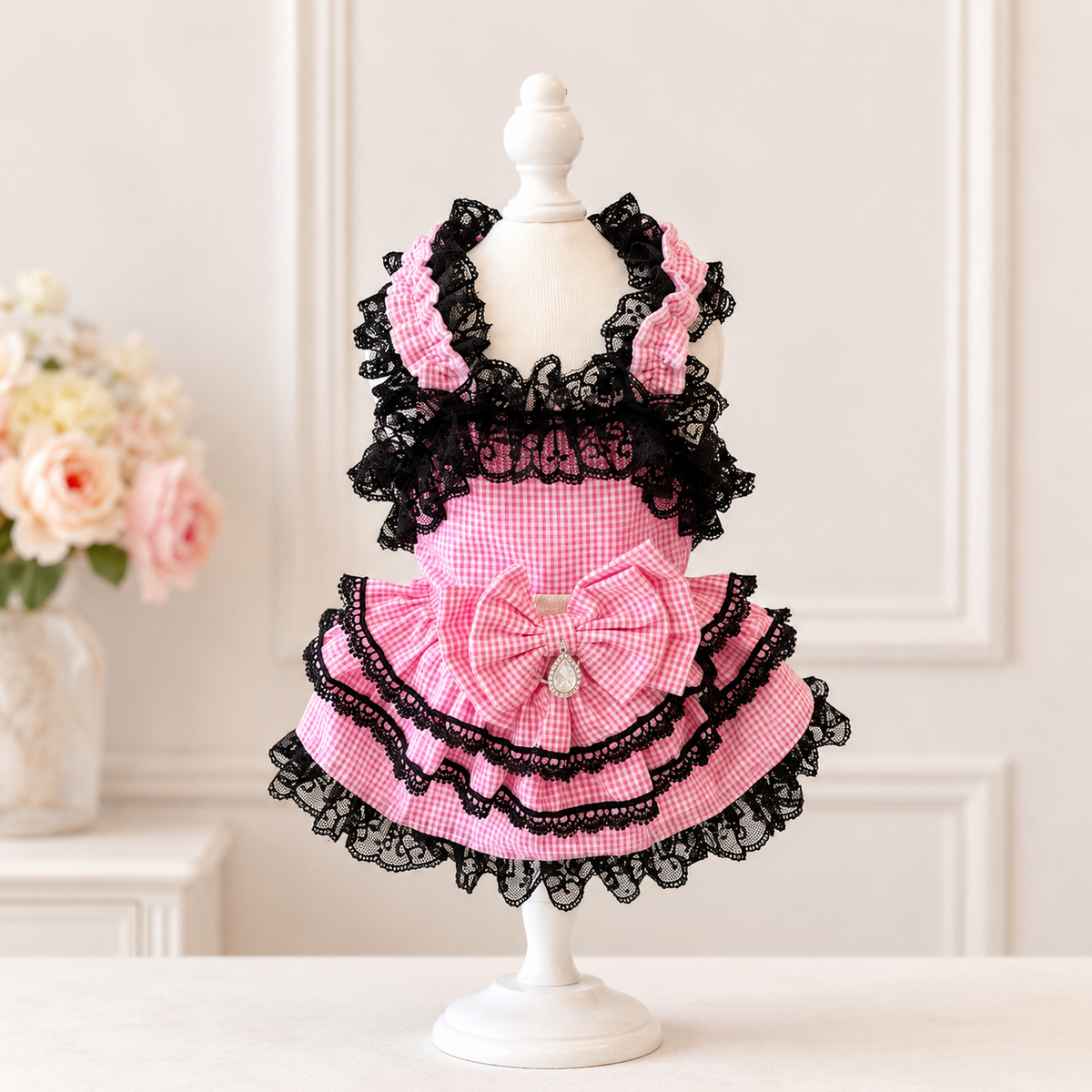 Pink Gingham Lace Dog Dress