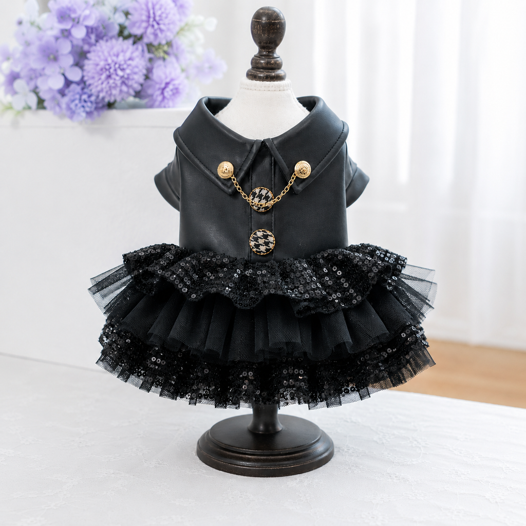 Leather Jacket Black Sequin Tutu Dog Dress