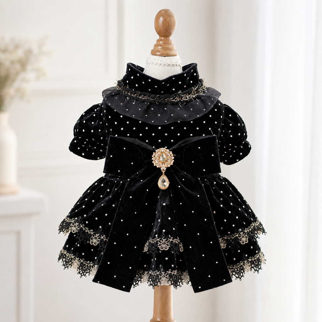Black Velvet Polka Dot Dog Dress