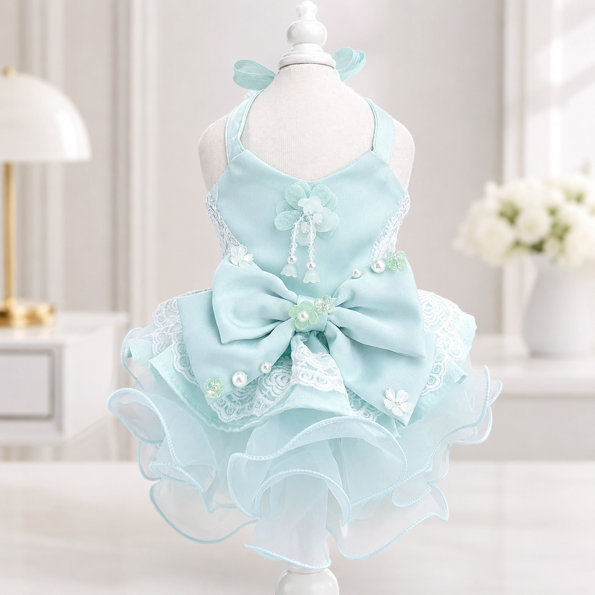 Mint Blue Princess Dog Dress with Lace Bow