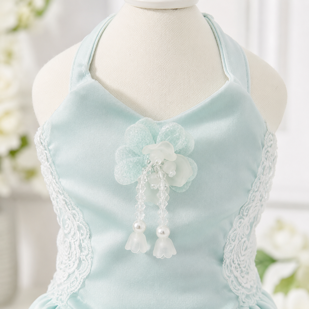 Mint Blue Princess Dog Dress with Lace Bow