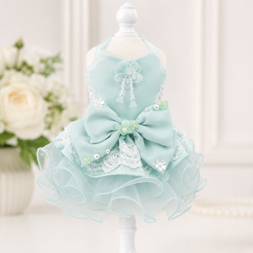 Mint Blue Princess Dog Dress with Lace Bow